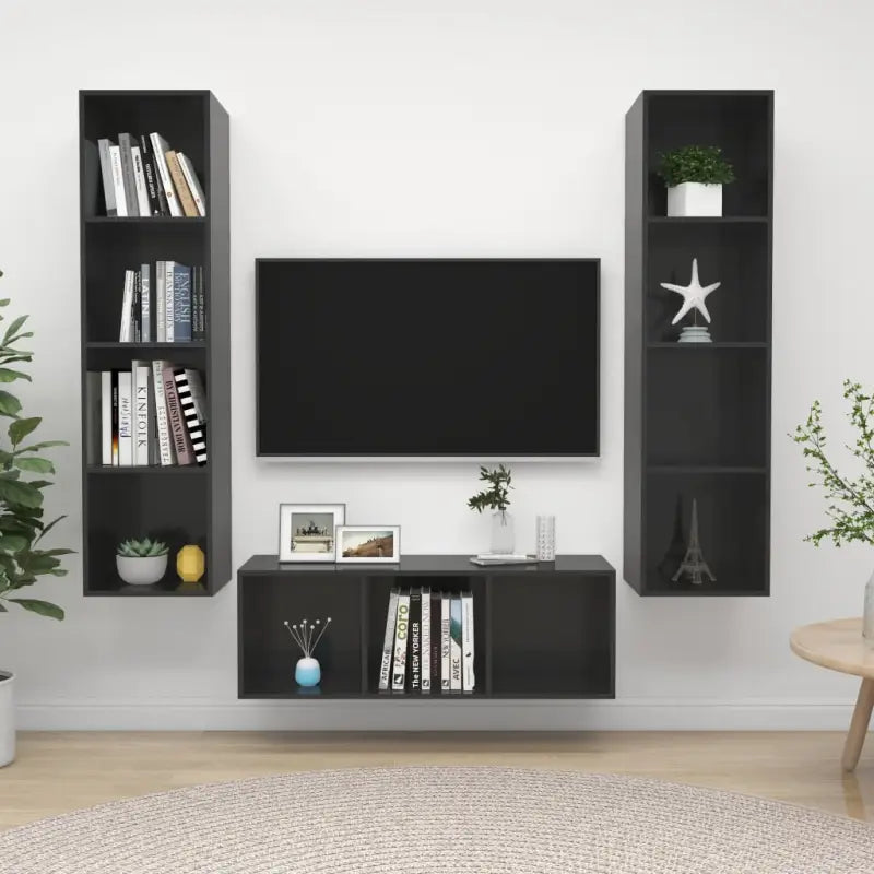 Muurbevestigde Tv Meubelset met opbergruimte - Hoogglans grijs / 1 - Tv-meubels