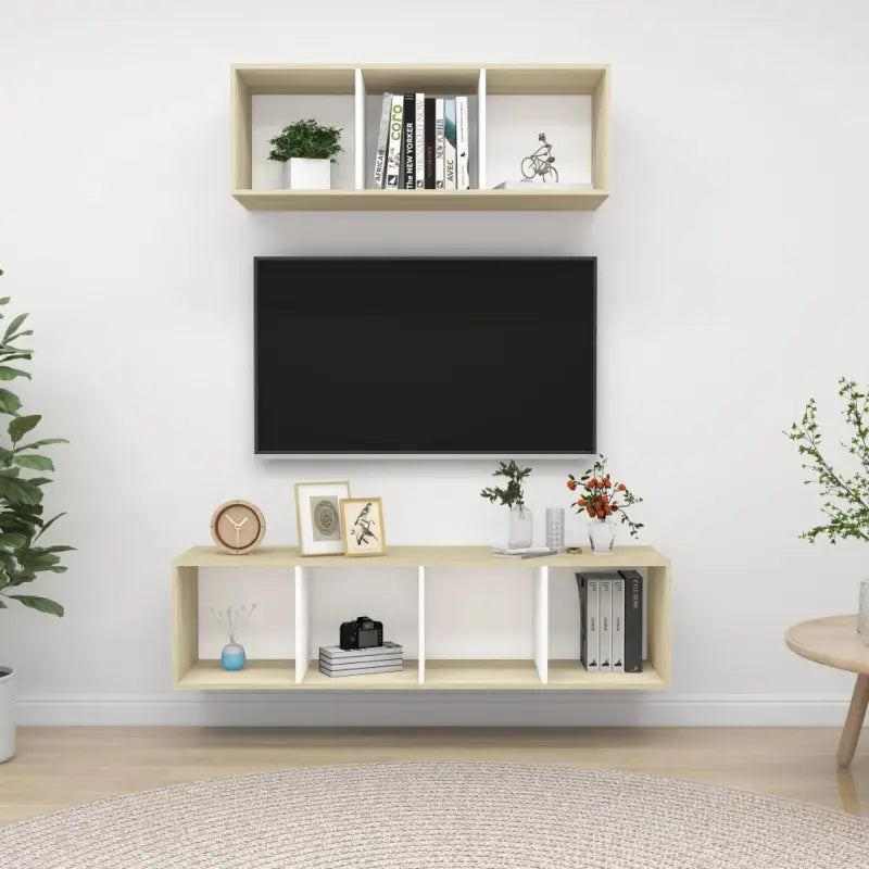 Muurbevestigde Tv Meubelset met Opbergruimte - Wit en sonoma eiken / 1 - Tv-meubels