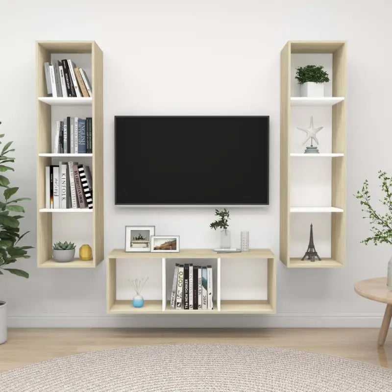 Muurbevestigde Tv Meubelset met opbergruimte - Wit en sonoma eiken / 1 - Tv-meubels