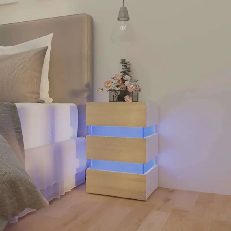 Nachtkastje van bewerkt hout met LED-verlichting voor gemak in de nacht - Wit en sonoma eiken / 1 - Nachtkastjes