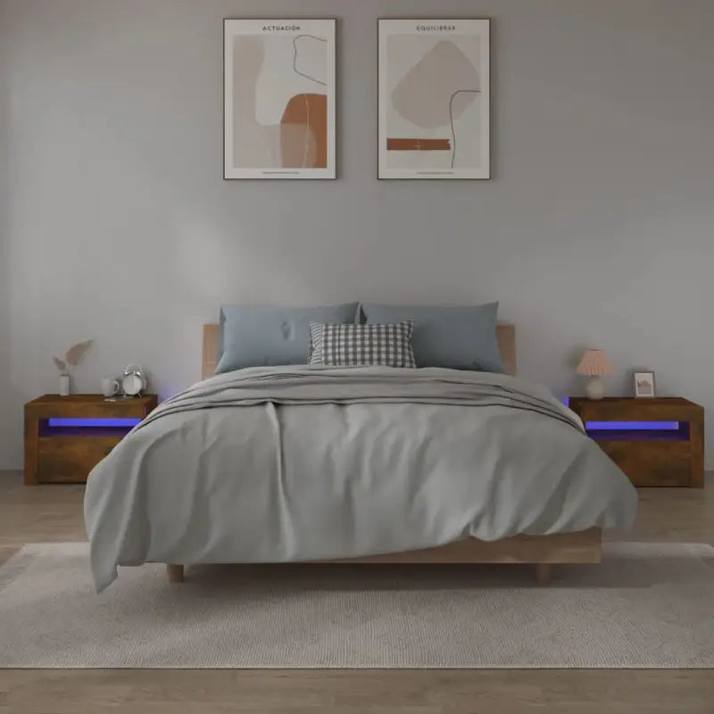 Nachtkastjes met bewerkt hout en RGB LED-verlichting in Sonoma Eiken - Gerookt eiken / 2 - Nachtkastjes