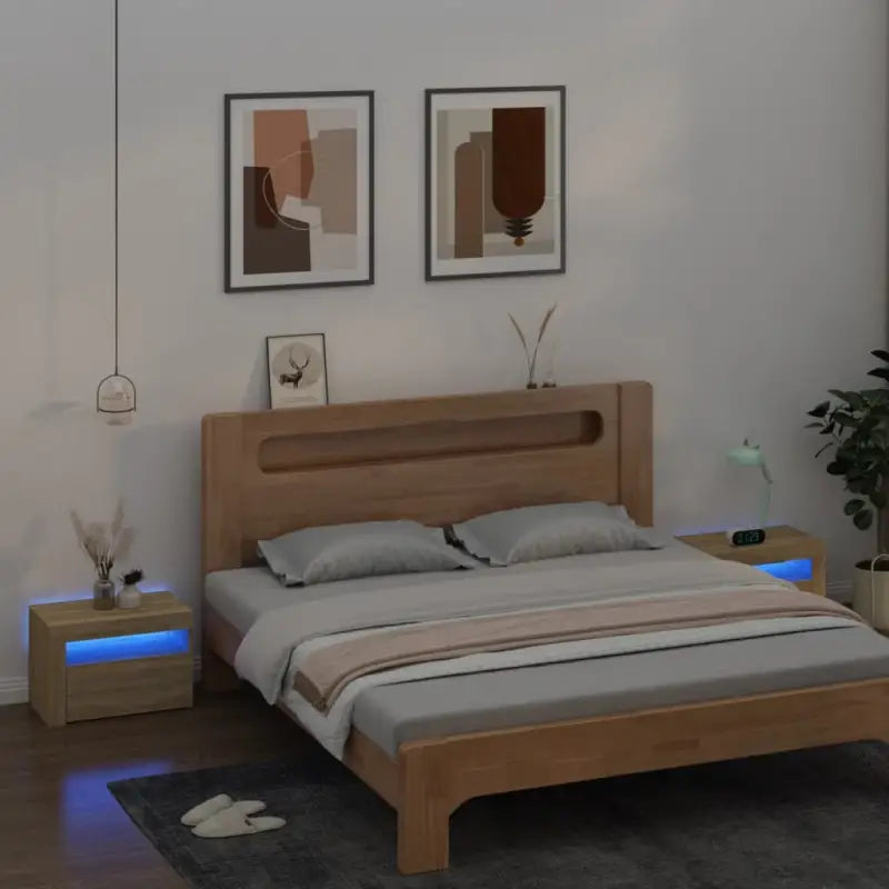Nachtkastjes met bewerkt hout en RGB LED-verlichting in Sonoma Eiken - Nachtkastjes