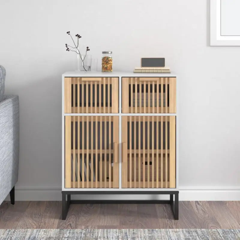 Opbergkast met ijzeren poot en bewerkt hout voor een tijdloos interieur - Wit / 1 - Opbergkasten & lockerkasten