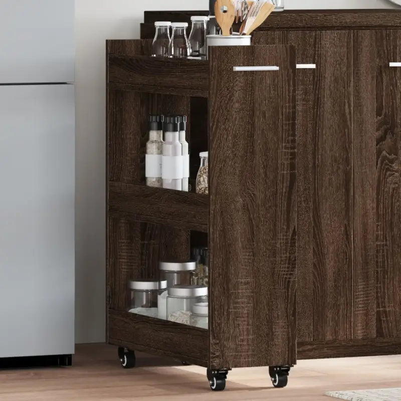 Opbergkast van bewerkt hout met zwenkwielen en ruime opbergmogelijkheden - bruin eikenkleur / 1 - Opbergkasten &
