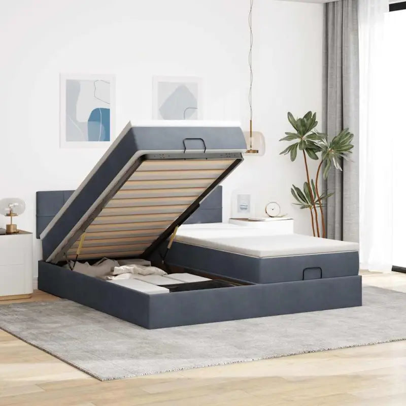 Ottomaan bed met ruime opbergruimte en zacht roze materiaal - Donkergrijs / 180 x 200 cm / Blok met vierkanten - Bedden