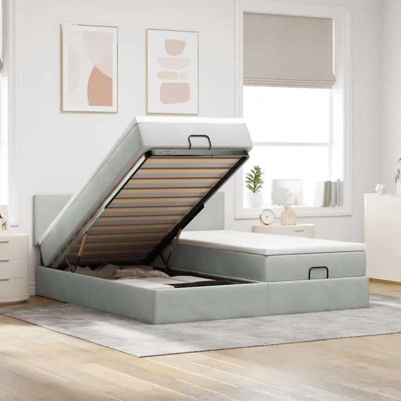 Ottomaan bed met ruime opbergruimte en zacht roze materiaal - Lichtgrijs / 180 x 200 cm / Effen ontwerp - Bedden &