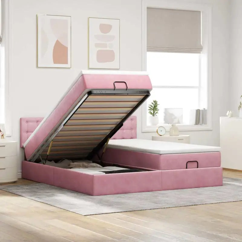 Ottomaan bed met ruime opbergruimte en zacht roze materiaal - Roze / 180 x 200 cm / Knopen - Bedden & bedframes
