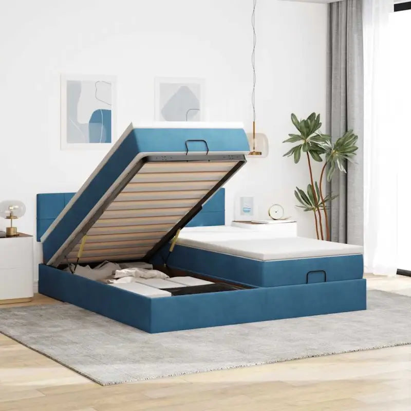 Ottomaan bed met ruime opbergruimte en zacht roze materiaal - Donkerblauw / 180 x 200 cm / Blok met vierkanten - Bedden