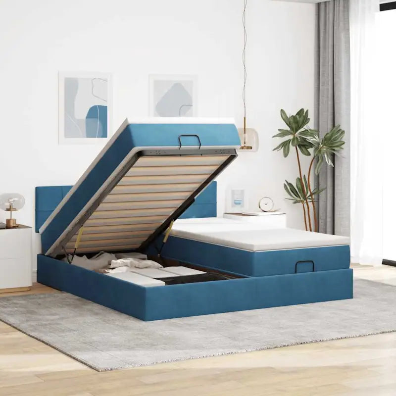 Ottomaan bed met ruime opbergruimte en zacht roze materiaal - Donkerblauw / 200 x 200 cm / Blok met vierkanten - Bedden