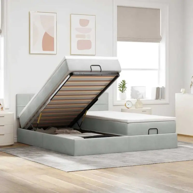 Ottomaan bed met ruime opbergruimte en zacht roze materiaal - Lichtgrijs / 200 x 200 cm / Blok met vierkanten - Bedden