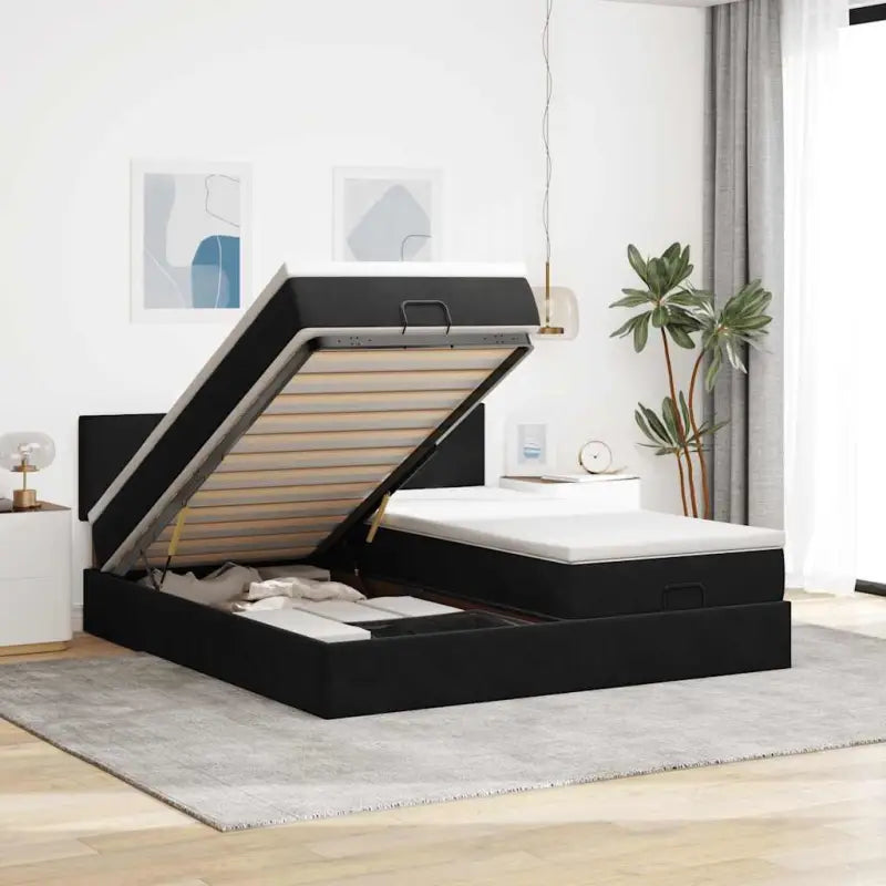 Ottomaan bed met ruime opbergruimte en zacht roze materiaal - Zwart / 160 x 200 cm / Effen ontwerp - Bedden & bedframes
