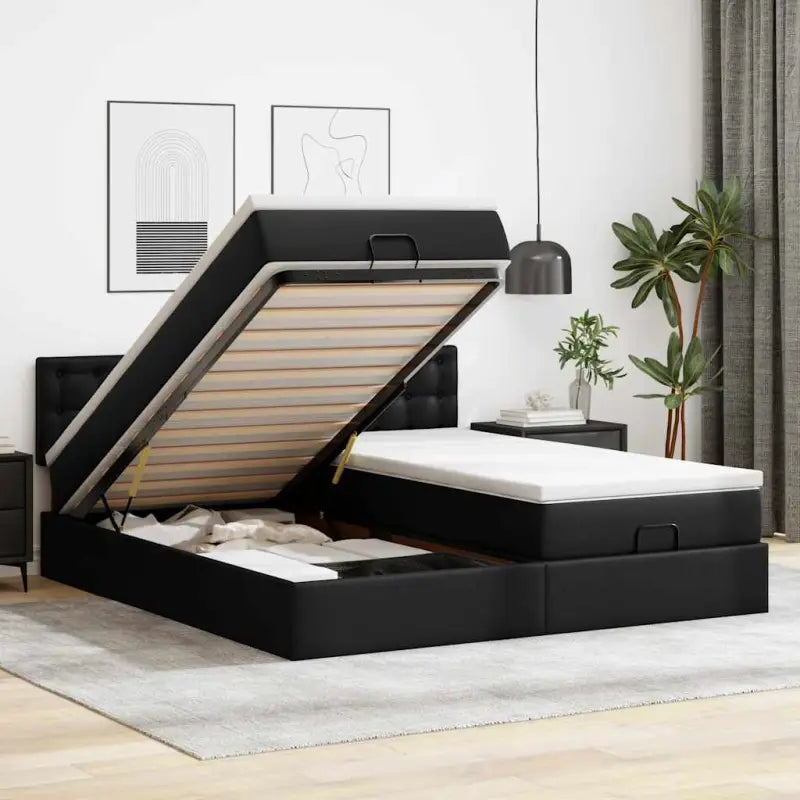 Ottomaans bed met wit materiaal en ruime opbergruimte - Zwart / 180 x 200 cm - Bedden & bedframes