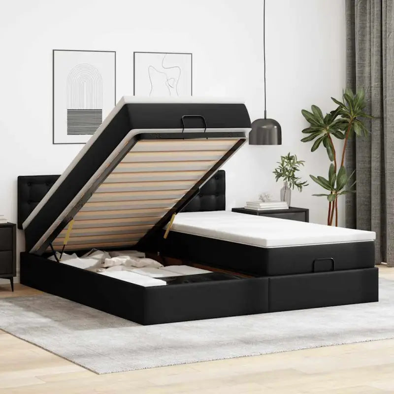 Ottomaans bed met wit materiaal en ruime opbergruimte - Zwart / 200 x 200 cm - Bedden & bedframes