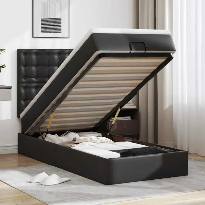 Ottomaanse bed met matras in wit materiaal en ruime opbergruimte - Zwart / 80 x 200 cm - Bedden & bedframes