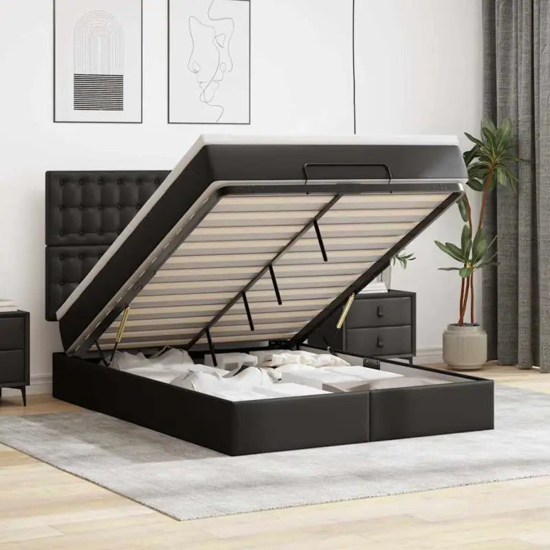 Ottomaanse bed met matras in wit materiaal en ruime opbergruimte - Zwart / 140 x 200 cm - Bedden & bedframes