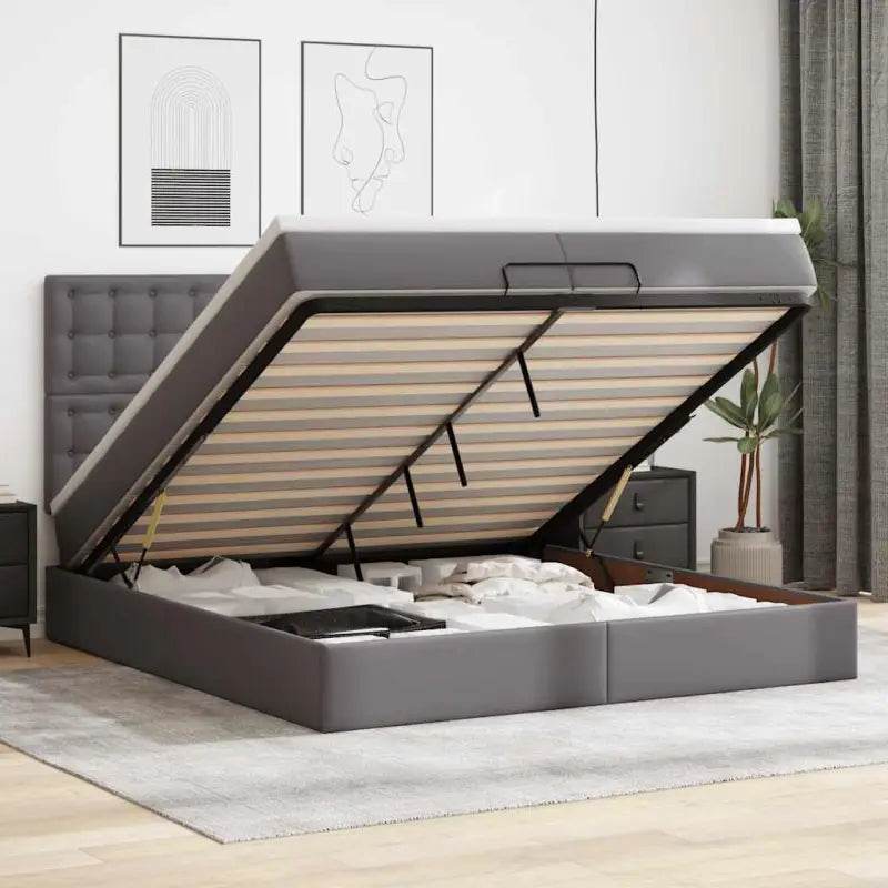 Ottomaanse bed met matras in wit materiaal en ruime opbergruimte - Grijs / 200 x 200 cm - Bedden & bedframes