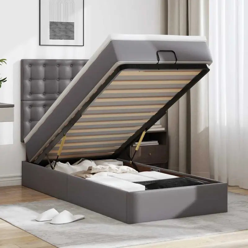 Ottomaanse bed met matras in wit materiaal en ruime opbergruimte - Grijs / 90 x 200 cm - Bedden & bedframes