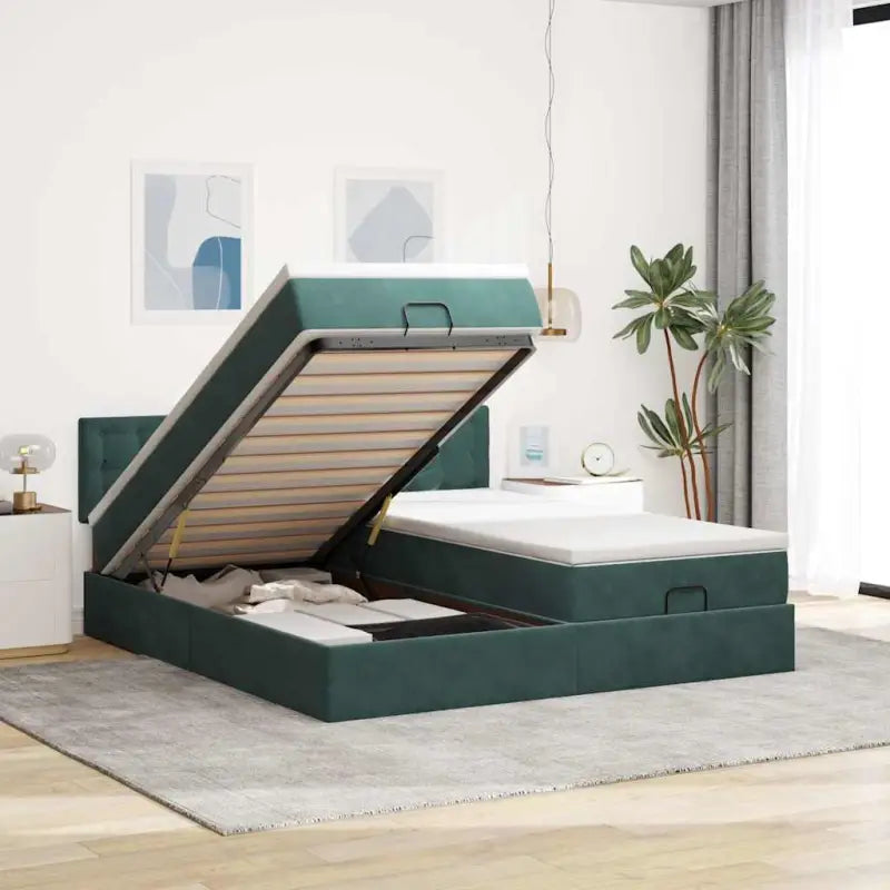 Ottomaanse bed met ruime opbergruimte en roze materiaal vulling - Donkergroen / 200 x 200 cm / Knopen - Bedden &