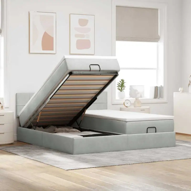 Ottomaanse bed met ruime opbergruimte en roze materiaal vulling - Lichtgrijs / 200 x 200 cm / Blok met vierkanten
