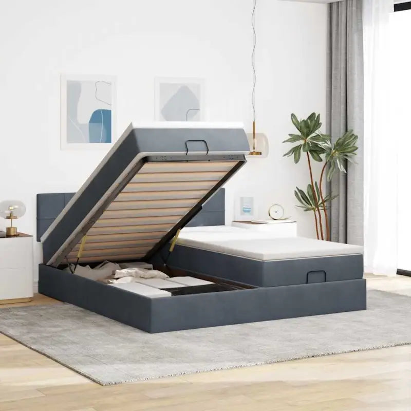 Ottomaanse bed met ruime opbergruimte en roze materiaal vulling - Donkergrijs / 160 x 200 cm / Blok met vierkanten