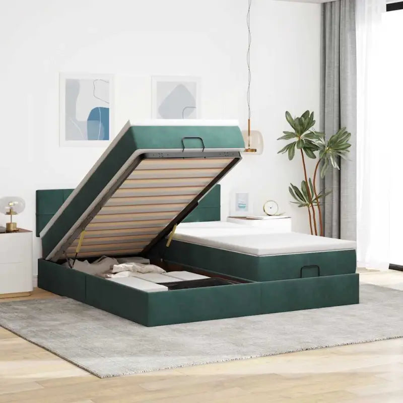 Ottomaanse bed met ruime opbergruimte en roze materiaal vulling - Donkergroen / 180 x 200 cm / Blok met vierkanten