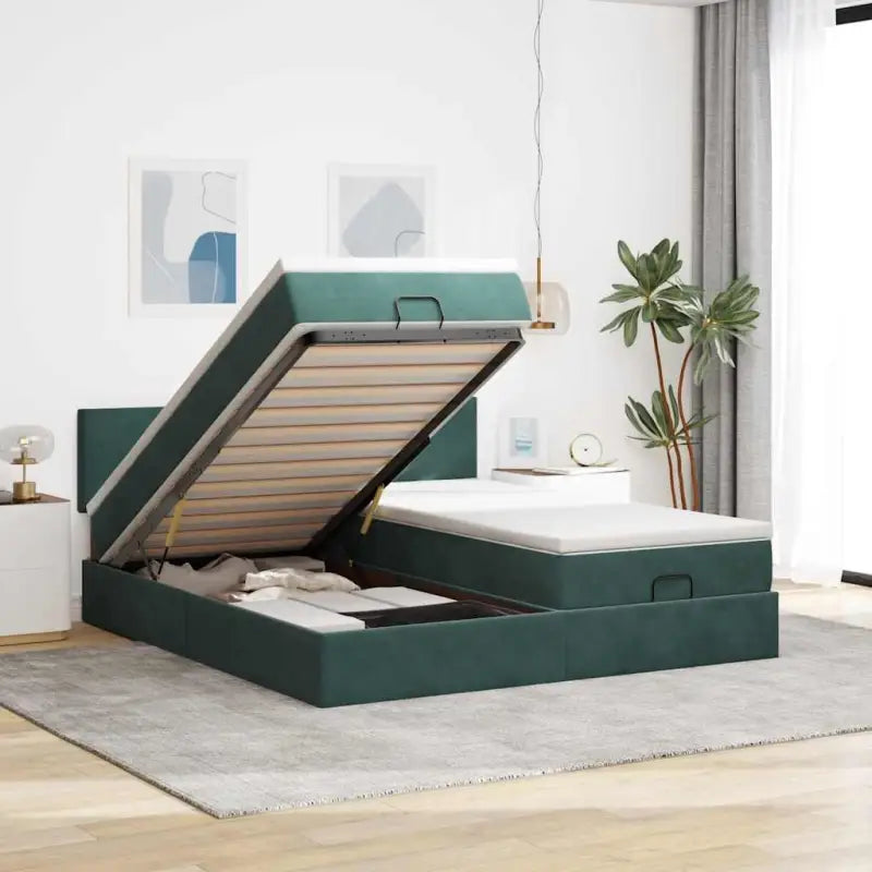 Ottomaanse bed met ruime opbergruimte en roze materiaal vulling - Donkergroen / 180 x 200 cm / Effen ontwerp - Bedden &