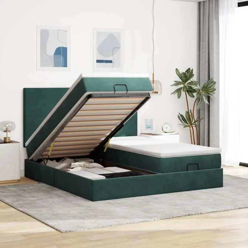Ottomaanse bed met ruime opbergruimte en zwart materiaal - Donkergroen / 160 x 200 cm / Effen ontwerp - Bedden &