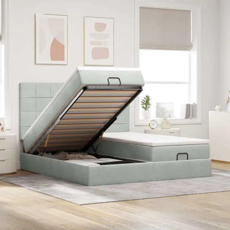 Ottomaanse bed met ruime opbergruimte en zwart materiaal - Lichtgrijs / 200 x 200 cm / Blok met vierkanten - Bedden &