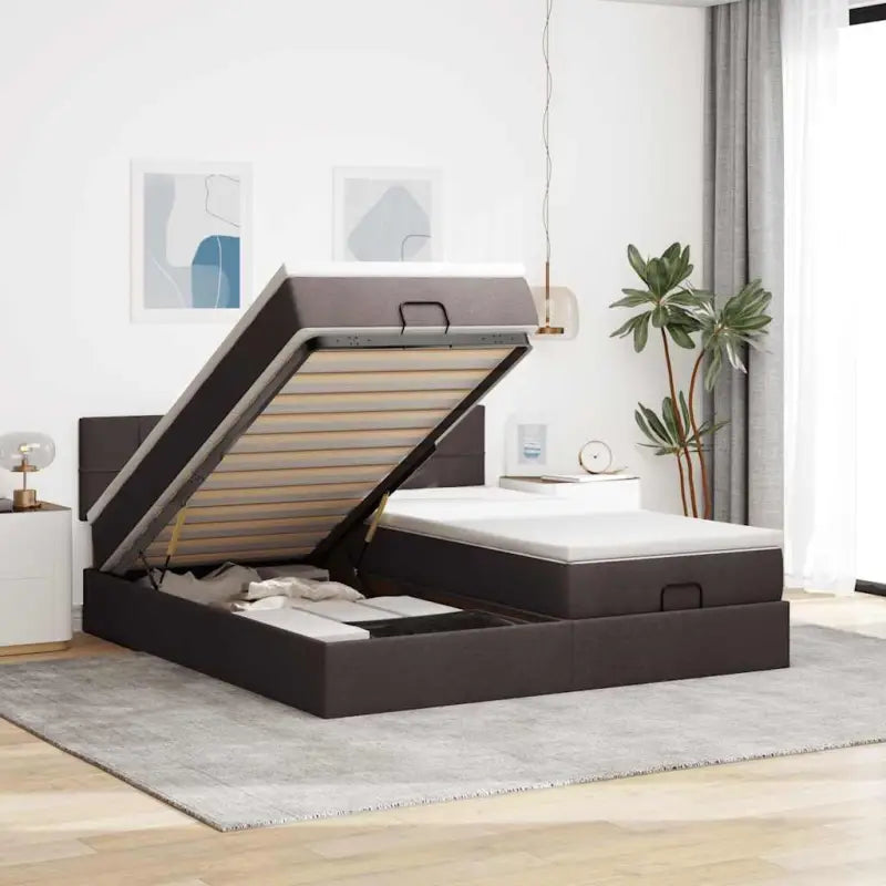 Ottomaanse bed met ruime opbergruimte in lichtgrijs materiaal - Donkerbruin / 200 x 200 cm / Blok met vierkanten