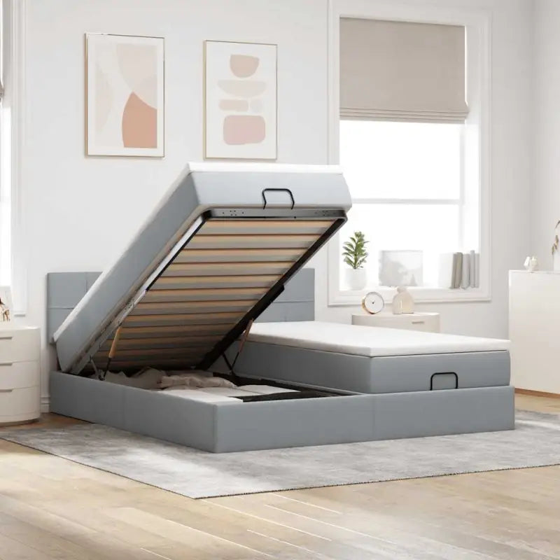 Ottomaanse bed met ruime opbergruimte in lichtgrijs materiaal - Lichtgrijs / 200 x 200 cm / Blok met vierkanten
