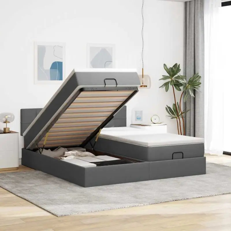 Ottomaanse bed met ruime opbergruimte in lichtgrijs materiaal - Donkergrijs / 160 x 200 cm / Blok met vierkanten