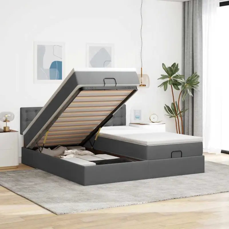Ottomaanse bed met ruime opbergruimte in lichtgrijs materiaal - Donkergrijs / 200 x 200 cm / knopen - Bedden & bedframes