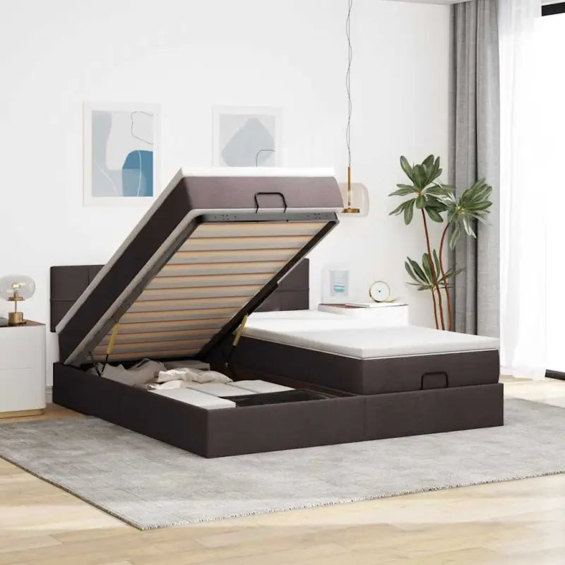 Ottomaanse bed met ruime opbergruimte in lichtgrijs materiaal - Donkerbruin / 180 x 200 cm / Blok met vierkanten