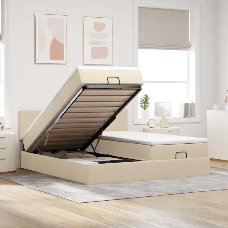 Ottomaanse bed met ruime opbergruimte in lichtgrijs materiaal - Crème / 180 x 200 cm / Effen ontwerp - Bedden &