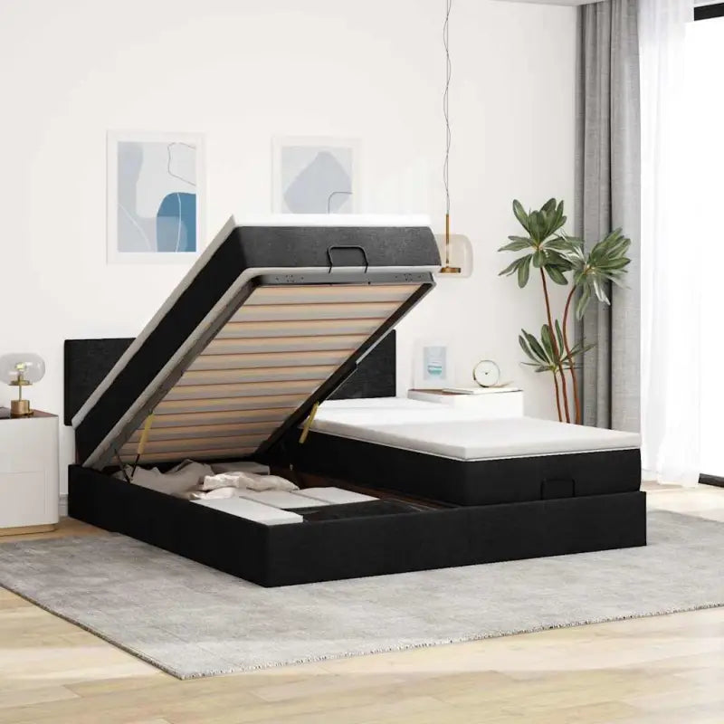 Ottomaanse bed met ruime opbergruimte in lichtgrijs materiaal - Zwart / 200 x 200 cm / Effen ontwerp - Bedden &