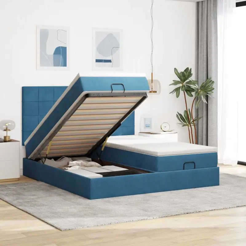 Ottomaanse bed met ruime opbergruimte in zwart materiaal - Donkerblauw / 180 x 200 cm / Blok met vierkanten - Bedden &