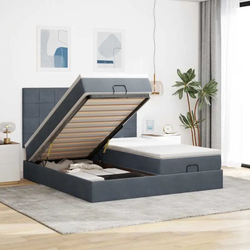 Ottomaanse bed met ruime opbergruimte in zwart materiaal - Donkergrijs / 180 x 200 cm / Blok met vierkanten - Bedden &