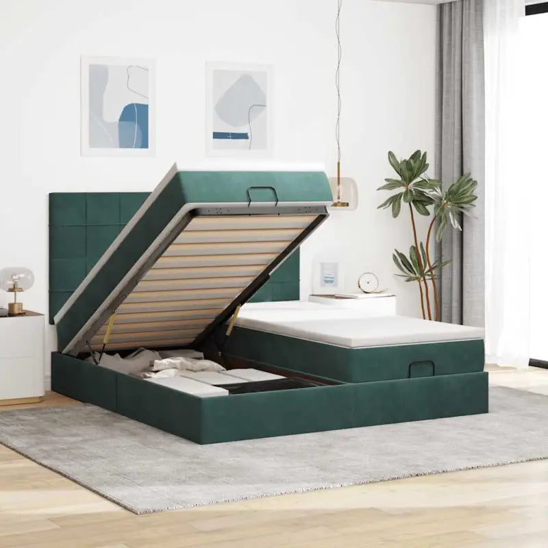 Ottomaanse bed met ruime opbergruimte in zwart materiaal - Donkergroen / 200 x 200 cm / Blok met vierkanten - Bedden &