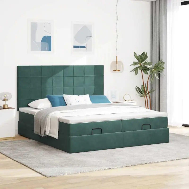 Ottomaanse bed met ruime opbergruimte in zwart materiaal - Donkergroen / 180 x 200 cm / Blok met vierkanten - Bedden &