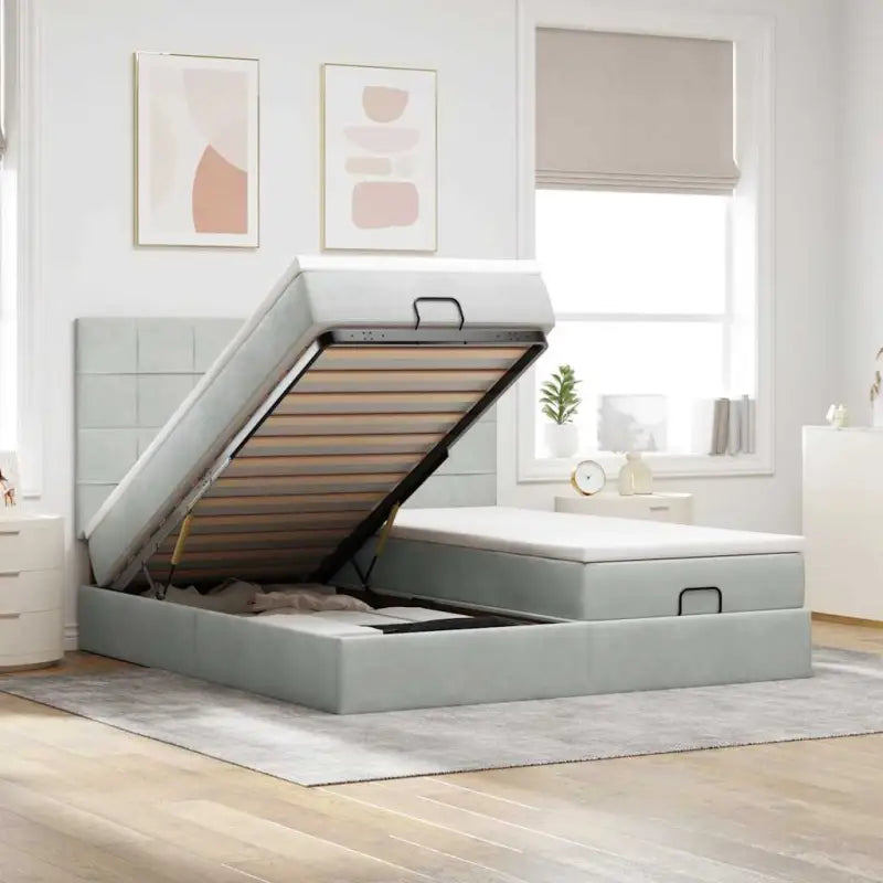 Ottomaanse bed met ruime opbergruimte in zwart materiaal - Lichtgrijs / 160 x 200 cm / Blok met vierkanten - Bedden &