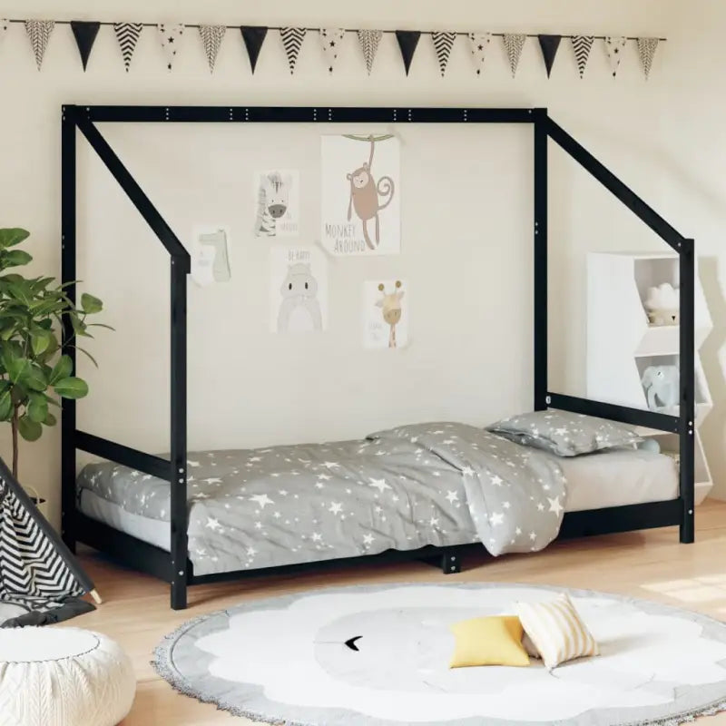 Peuter en Kinderbed met massief grenenhout voor een natuurlijke slaapkamer - Zwart / 90 x 200 cm - Peuter- &