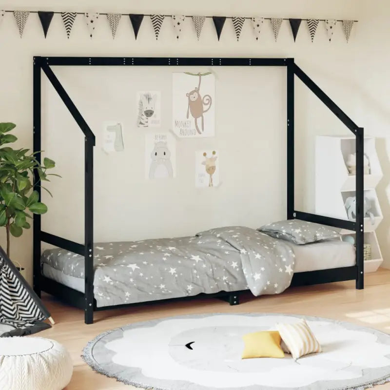 Peuter en Kinderbed met massief grenenhout voor een natuurlijke slaapkamer - Zwart / 80 x 200 cm - Peuter- &