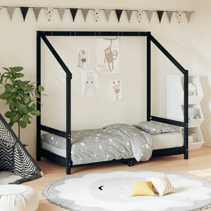 Peuter en Kinderbed met massief grenenhout voor een natuurlijke slaapkamer - Zwart / 80 x 160 cm - Peuter- &