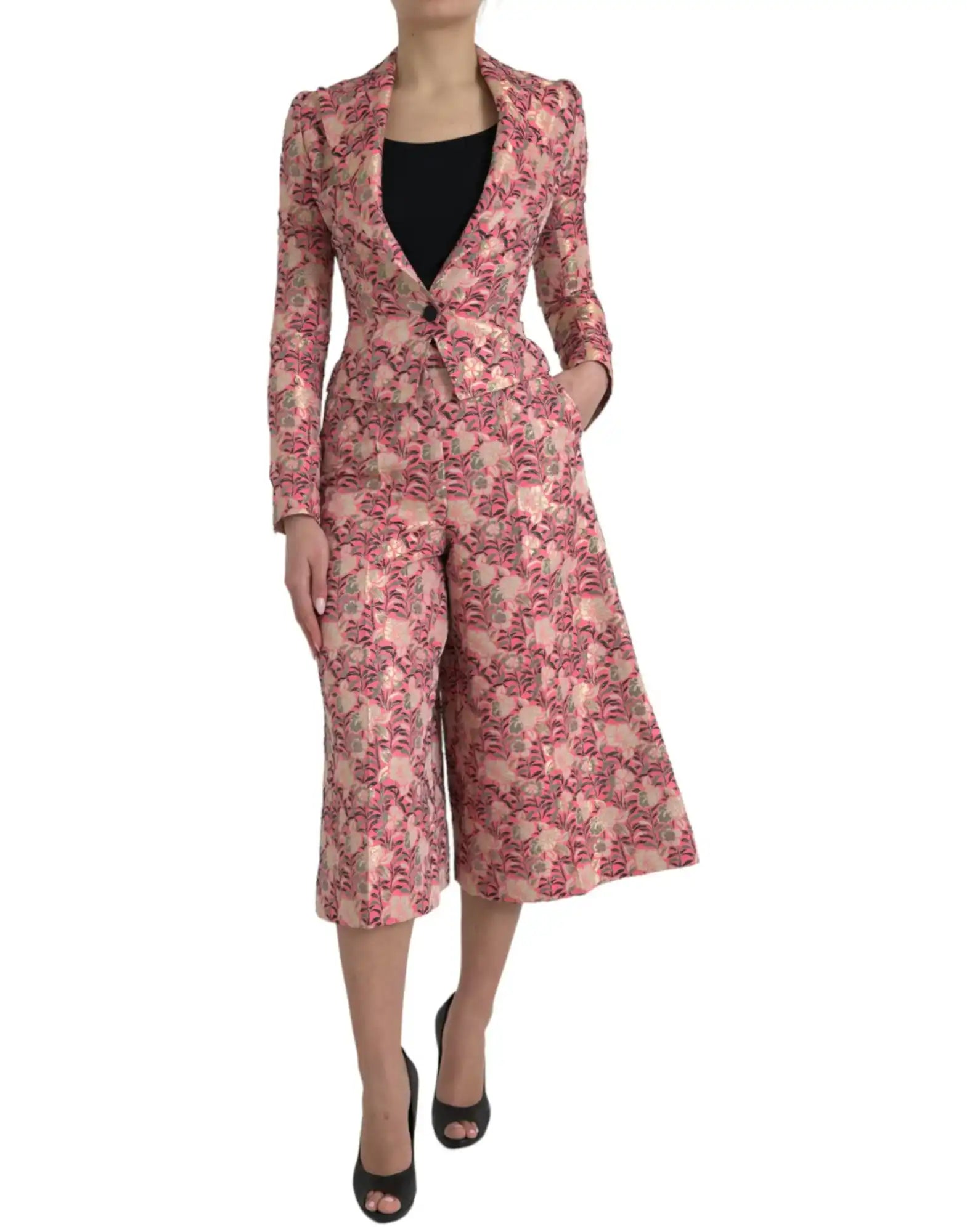 Pink floral jacquard cropped jumpsuit with wide-leg pants and fitted blazer top.