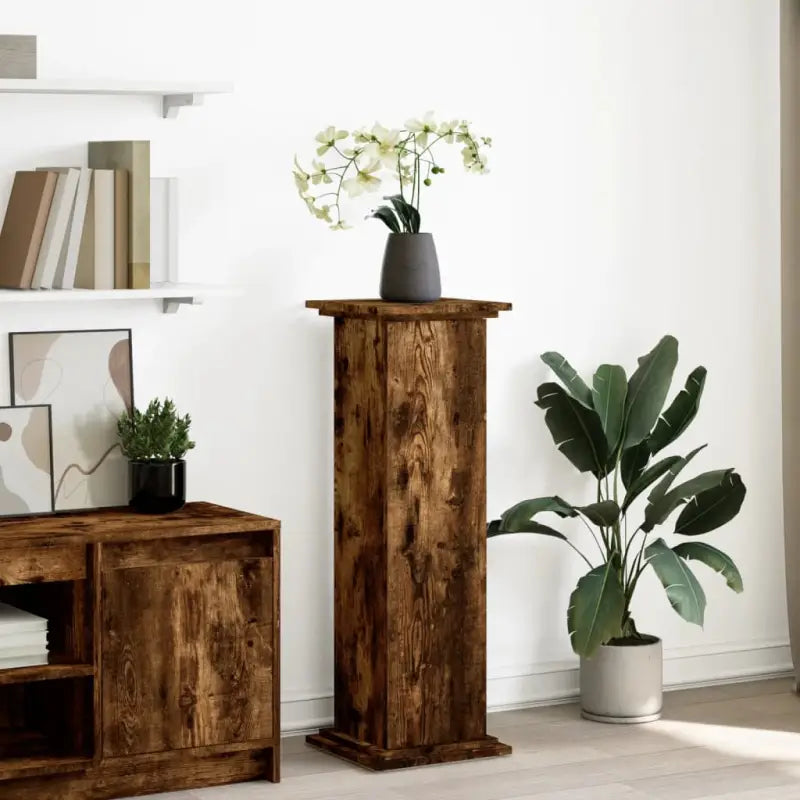 Plantenstandaarden van bewerkt hout in gerookt eiken met opbergruimte - Gerookt eiken / 31 x 30 x 90 cm / 1