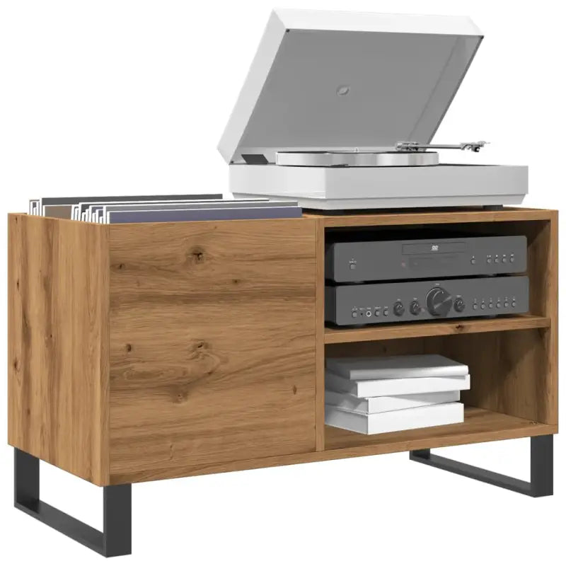 Platenkast met stevige blad en ijzeren poten van bewerkt hout - artisanaal eikenkleurig / 1 - Cd- & dvd-kasten