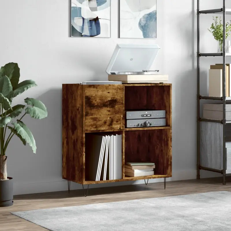 Platenkast met stevige blad en ijzeren poten van bewerkt hout - Gerookt eiken / 1 - Cd- & dvd-kasten