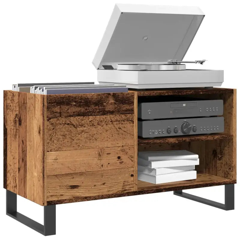 Platenkast met stevige blad en ijzeren poten van bewerkt hout - Oud hout / 1 - Cd- & dvd-kasten