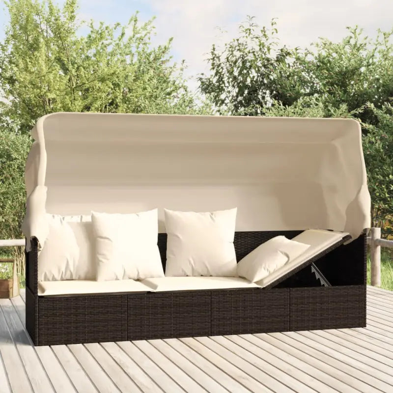 Poly Rattan Ligstoelen met Luifel en Kussens voor Buitenplezier - Bruin en crème / 1 - Ligstoelen