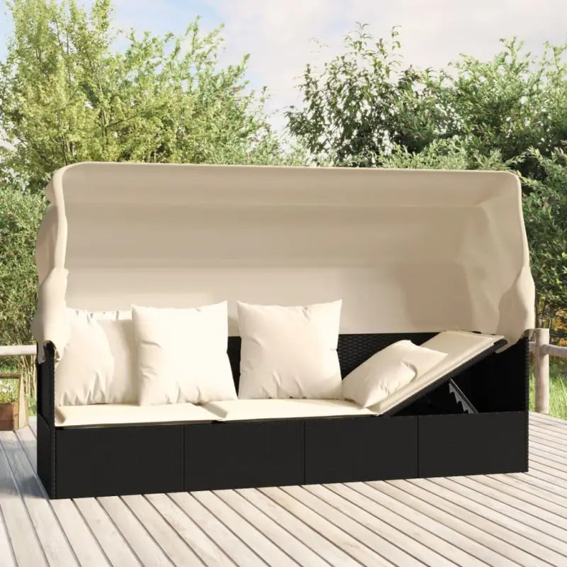 Poly Rattan Ligstoelen met Luifel en Kussens voor Buitenplezier - Zwart en crème / 1 - Ligstoelen
